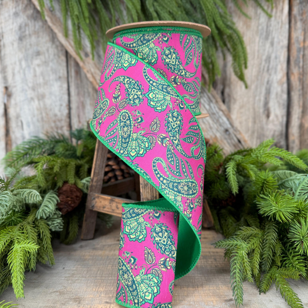 4” Hot Pink Paisley Wired Ribbon, Green Satin Backing, 10 Yard Roll