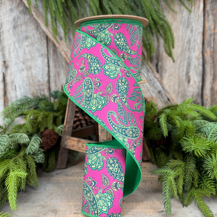 4” Hot Pink Paisley Wired Ribbon, Green Satin Backing, 10 Yard Roll