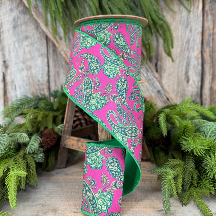 4” Hot Pink Paisley Wired Ribbon, Green Satin Backing