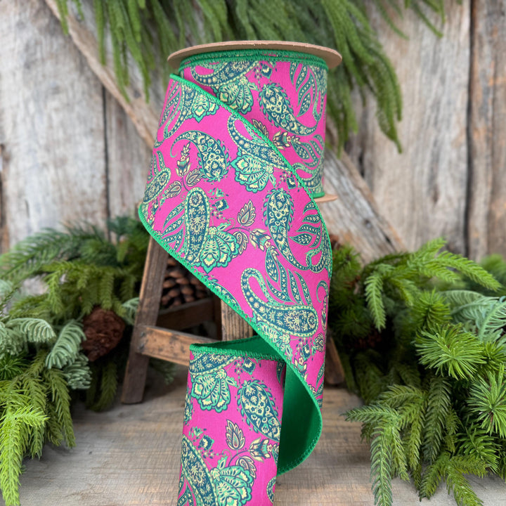 4” Hot Pink Paisley Wired Ribbon, Green Satin Backing, 10 Yard Roll