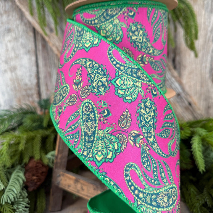 4” Hot Pink Paisley Wired Ribbon, Green Satin Backing, 10 Yard Roll