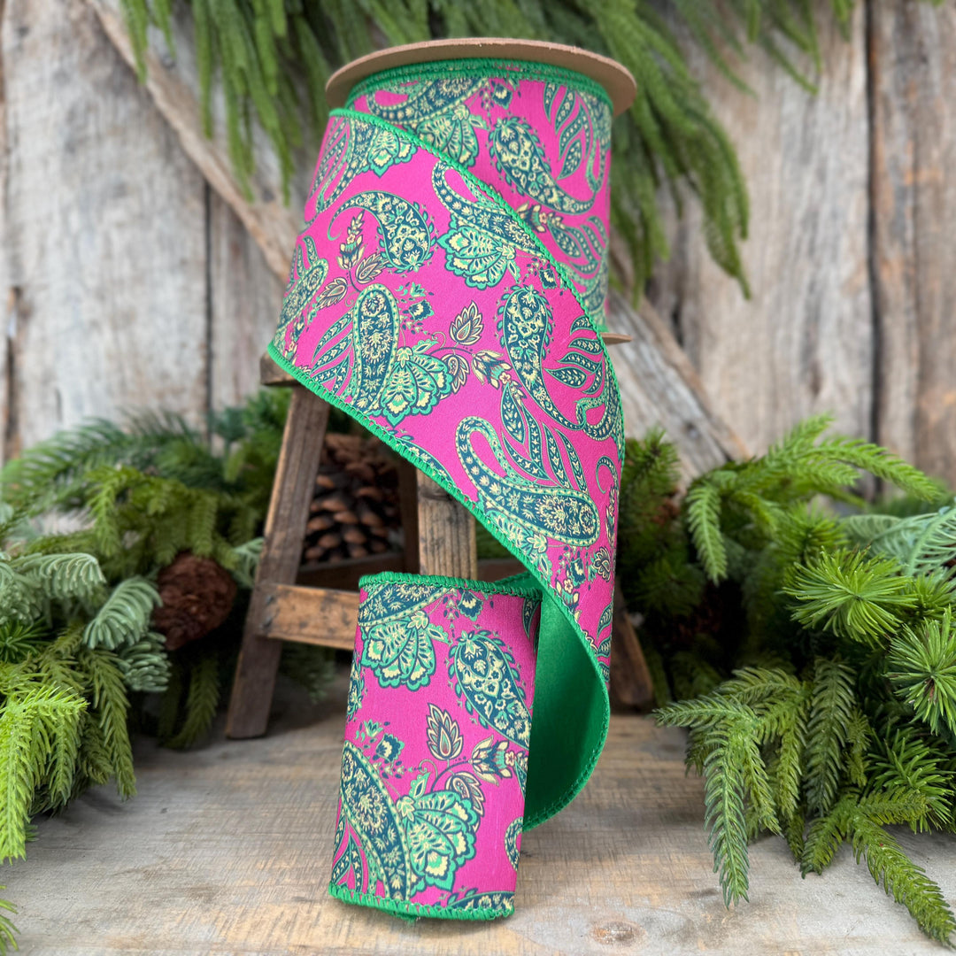 4” Hot Pink Paisley Wired Ribbon, Green Satin Backing, 10 Yard Roll