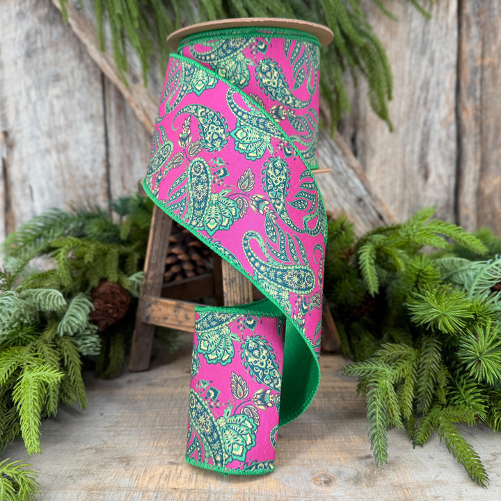4” Hot Pink Paisley Wired Ribbon, Green Satin Backing, 10 Yard Roll