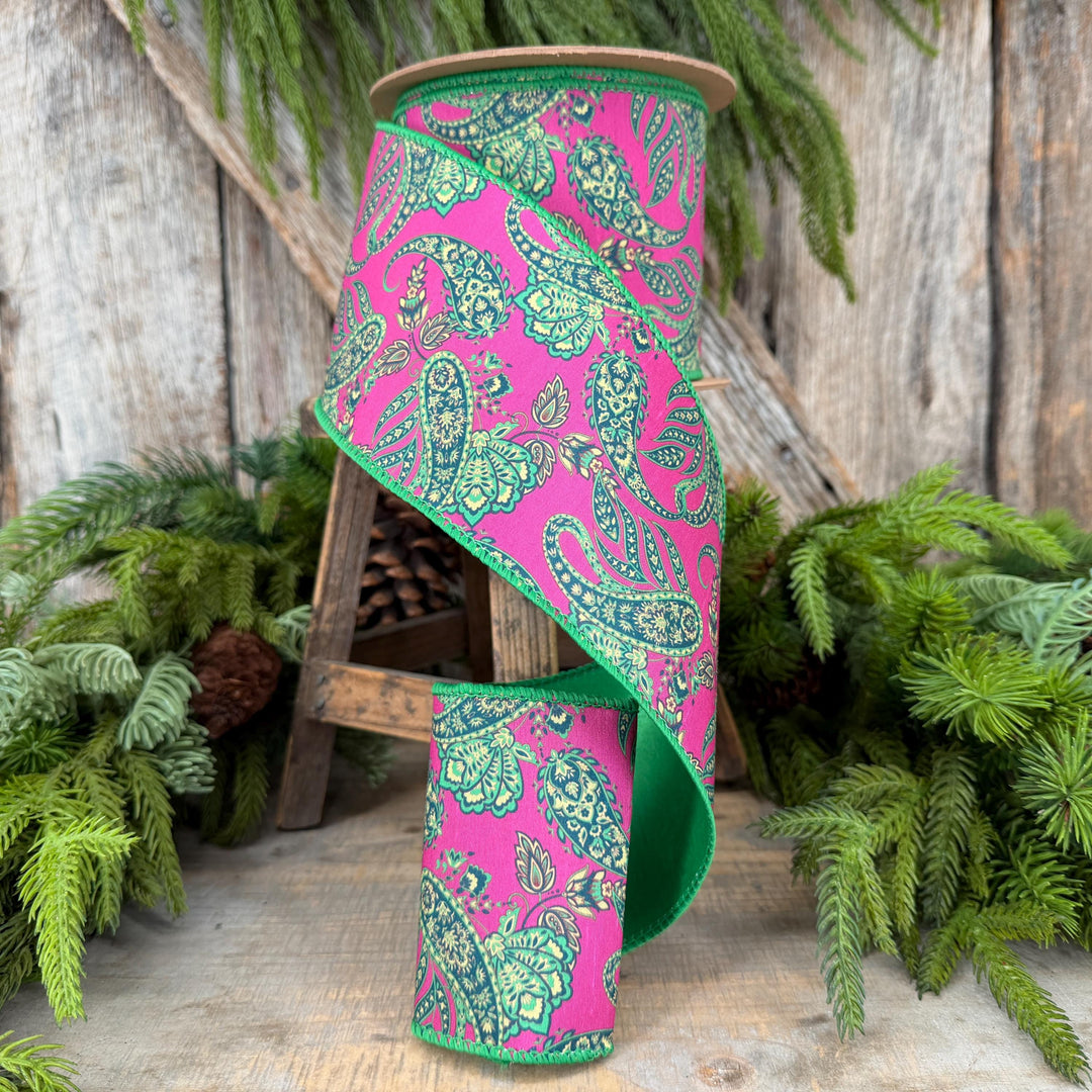 4” Hot Pink Paisley Wired Ribbon, Green Satin Backing, 10 Yard Roll