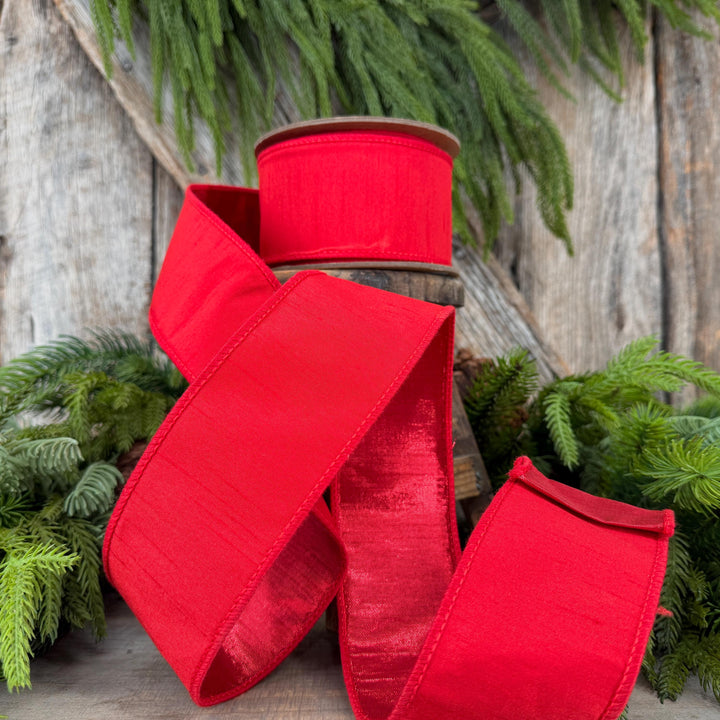 2.5” Red Dupioni Ribbon, ribbon, wired ribbon, Christmas Ribbon, Patriotic Ribbon, Red ribbon, Red Dupion Ribbon, Gift Wrap Ribbon