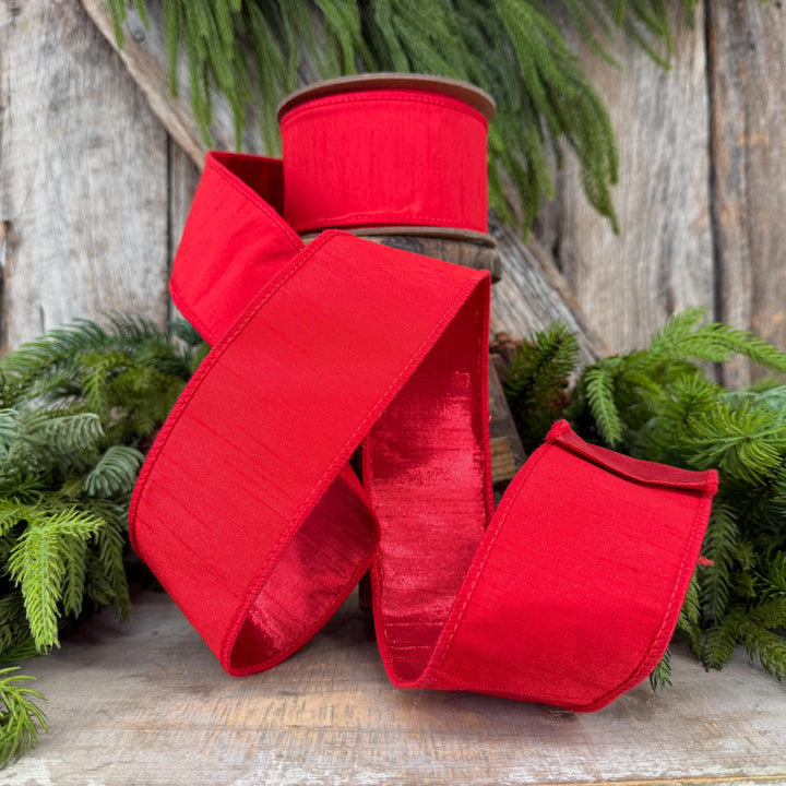 2.5” Red Dupioni Ribbon, ribbon, wired ribbon, Christmas Ribbon, Patriotic Ribbon, Red ribbon, Red Dupion Ribbon, Gift Wrap Ribbon
