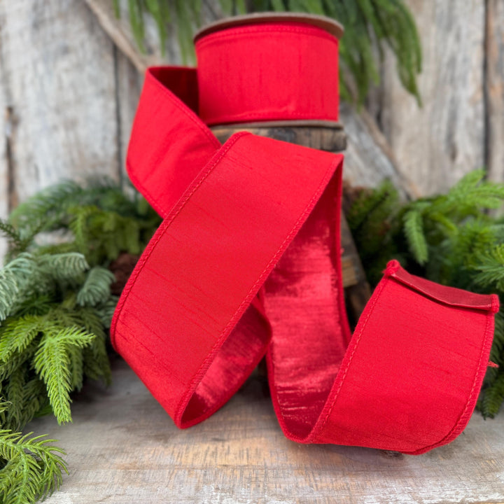 2.5” Red Dupioni Ribbon, ribbon, wired ribbon, Christmas Ribbon, Patriotic Ribbon, Red ribbon, Red Dupion Ribbon, Gift Wrap Ribbon