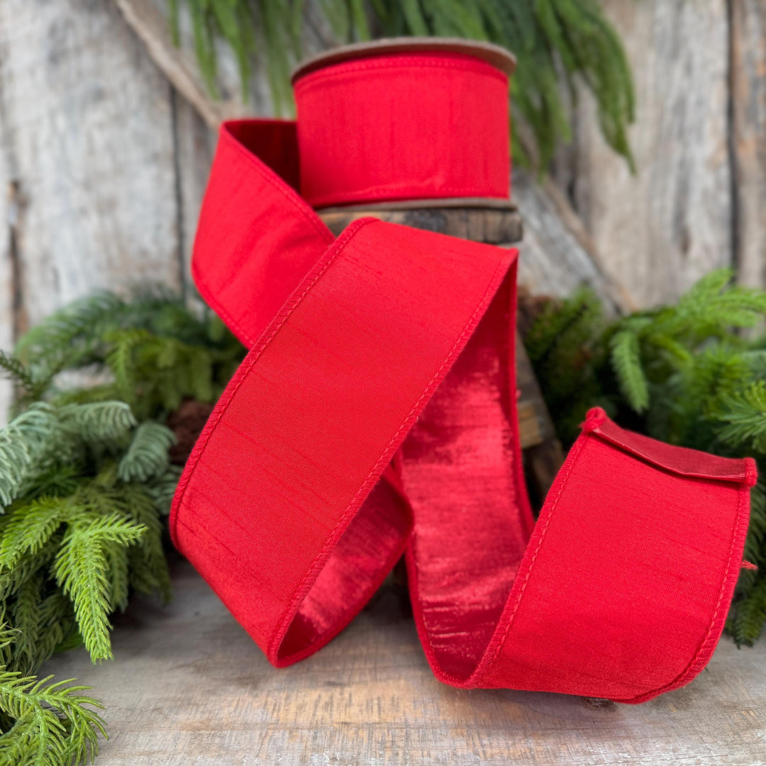 2.5” Red Dupioni Ribbon, ribbon, wired ribbon, Christmas Ribbon, Patriotic Ribbon, Red ribbon, Red Dupion Ribbon, Gift Wrap Ribbon