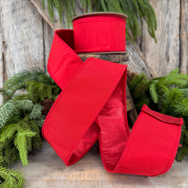 2.5” Red Dupioni Ribbon, ribbon, wired ribbon, Christmas Ribbon, Patriotic Ribbon, Red ribbon, Red Dupion Ribbon, Gift Wrap Ribbon