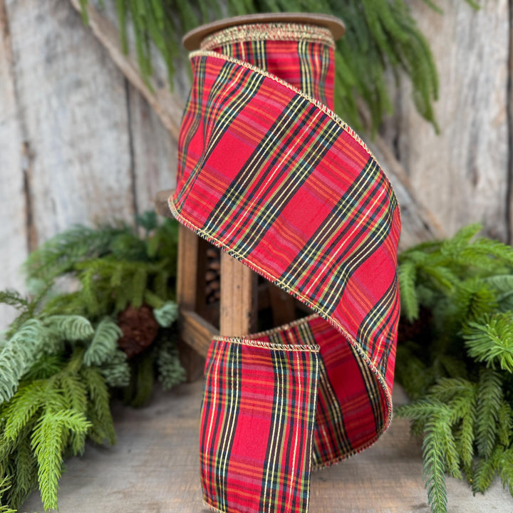 4” Red Metallic Plaid Wired Ribbon, Christmas Tartan, 10 Yard Roll
