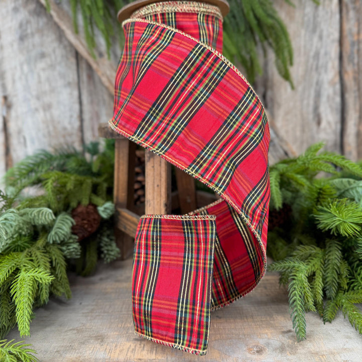 4” Red Metallic Plaid Wired Ribbon, Christmas Tartan, 10 Yard Roll