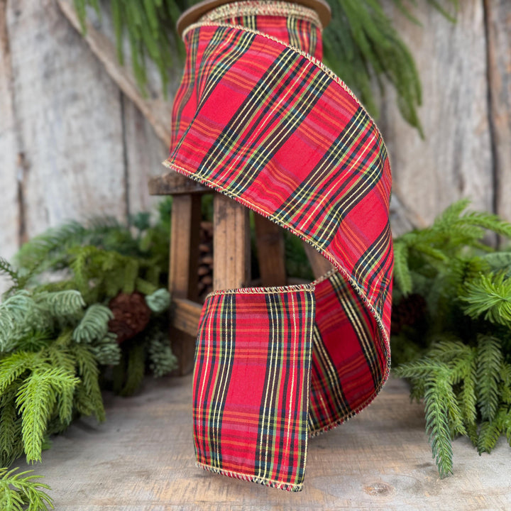 4” Red Metallic Plaid Wired Ribbon, Christmas Tartan, 10 Yard Roll