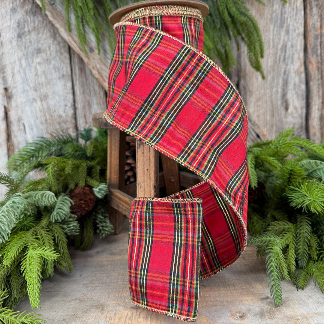 4” Red Metallic Plaid Wired Ribbon, Christmas Tartan, 10 Yard Roll