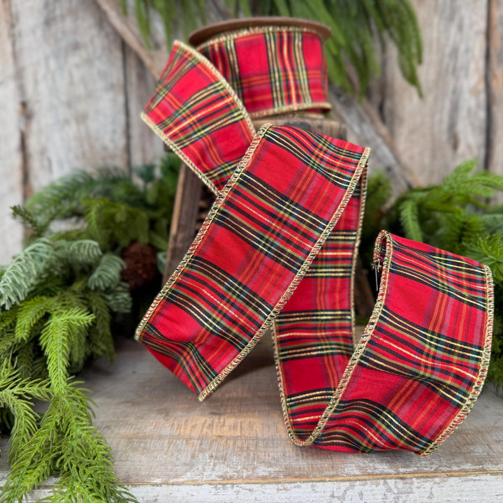2.5” Red Metallic Plaid Wired Ribbon, Christmas Tartan, 10 Yard Roll