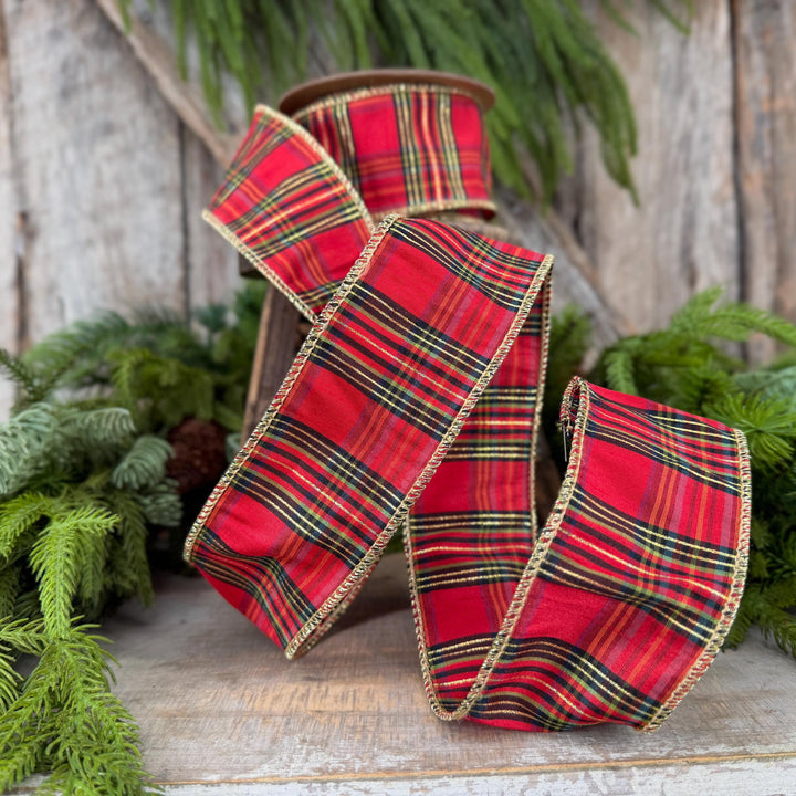 2.5” Red Metallic Plaid Wired Ribbon, Christmas Tartan, 10 Yard Roll