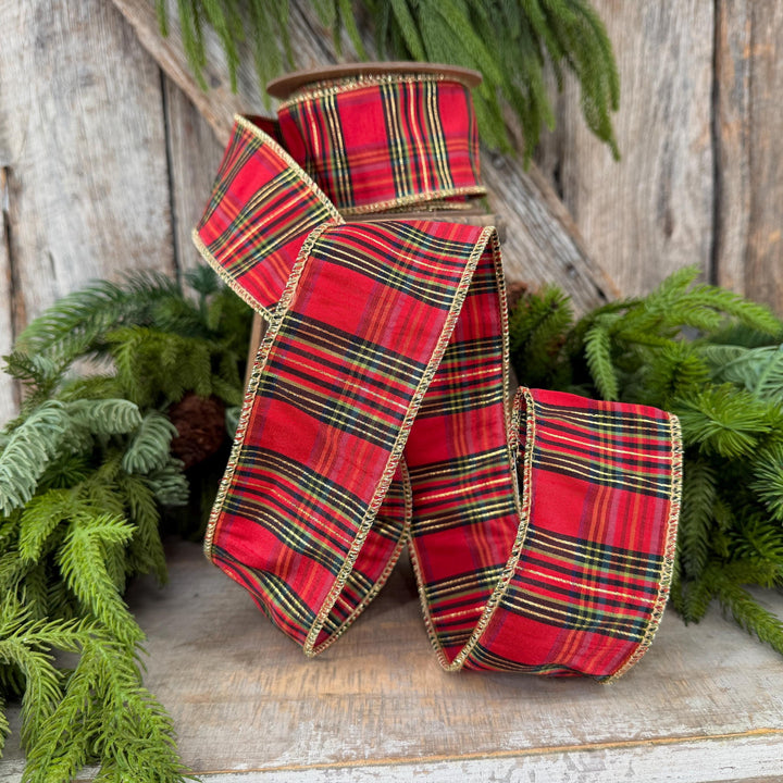 2.5” Red Metallic Plaid Wired Ribbon, Christmas Tartan, 10 Yard Roll