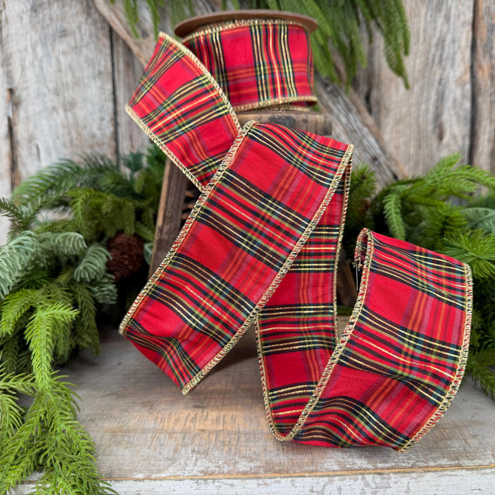 2.5” Red Metallic Plaid Wired Ribbon, Christmas Tartan, 10 Yard Roll