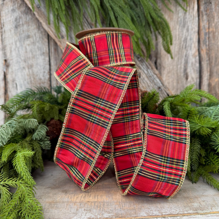 2.5” Red Metallic Plaid Wired Ribbon, Christmas Tartan, 10 Yard Roll