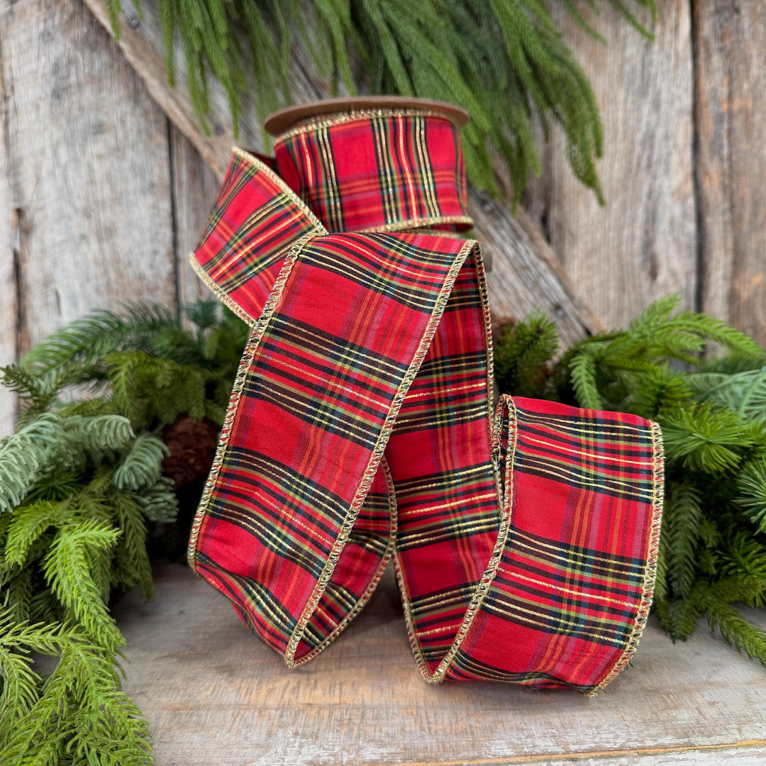 2.5” Red Metallic Plaid Wired Ribbon, Christmas Tartan, 10 Yard Roll