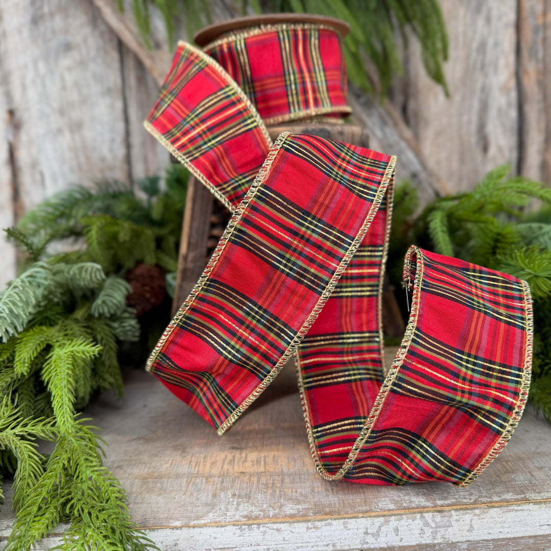 2.5” Red Metallic Plaid Wired Ribbon, Christmas Tartan, 10 Yard Roll