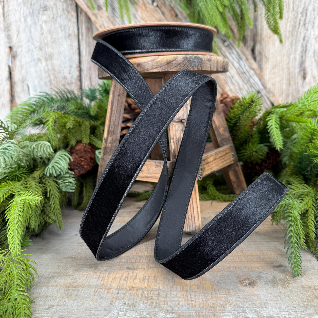 1" Black Velvet Ribbon, Wired RIbbon, Christmas RIbbon, Designer Ribbon, Ribbon for Christmas Tree