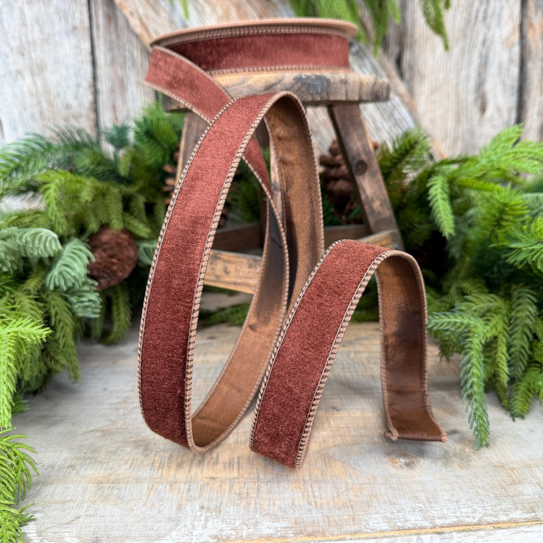 1" Brown Velvet Ribbon, Wired RIbbon, Christmas RIbbon, Designer Ribbon, Ribbon for Christmas Tree
