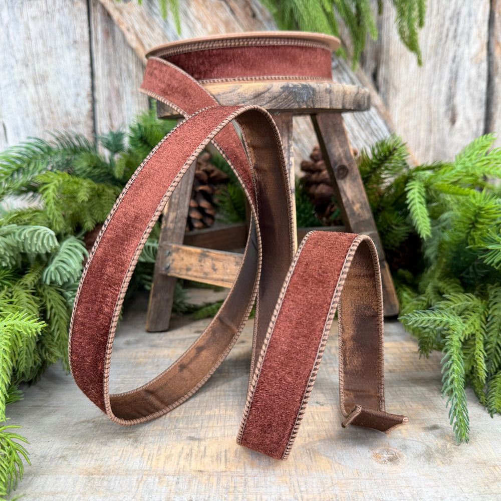 1" Brown Velvet Ribbon, Wired RIbbon, Christmas RIbbon, Designer Ribbon, Ribbon for Christmas Tree