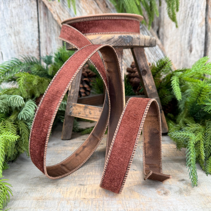 1" Brown Velvet Ribbon, Wired RIbbon, Christmas RIbbon, Designer Ribbon, Ribbon for Christmas Tree