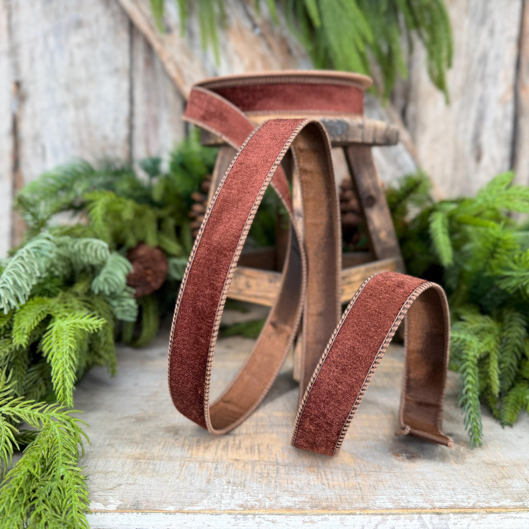 1" Brown Velvet Ribbon, Wired RIbbon, Christmas RIbbon, Designer Ribbon, Ribbon for Christmas Tree