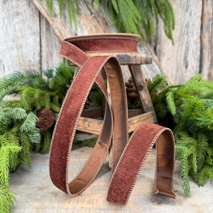 1" Brown Velvet Ribbon, Wired RIbbon, Christmas RIbbon, Designer Ribbon, Ribbon for Christmas Tree