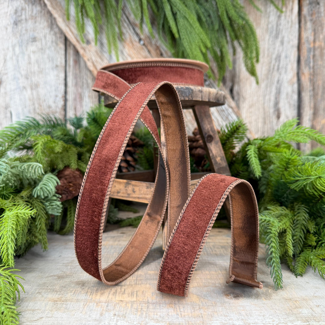 1" Brown Velvet Ribbon, Wired RIbbon, Christmas RIbbon, Designer Ribbon, Ribbon for Christmas Tree