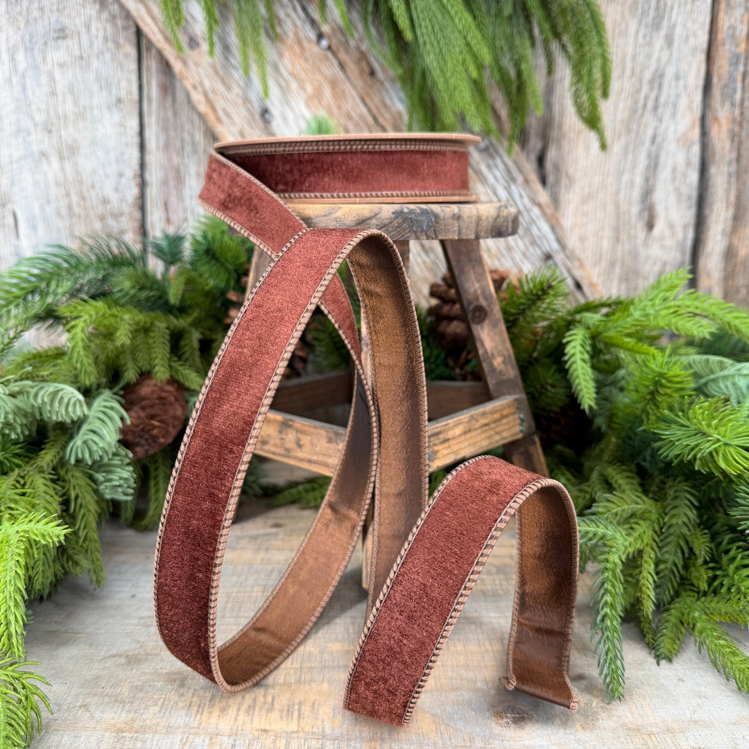 1" Brown Velvet Ribbon, Wired RIbbon