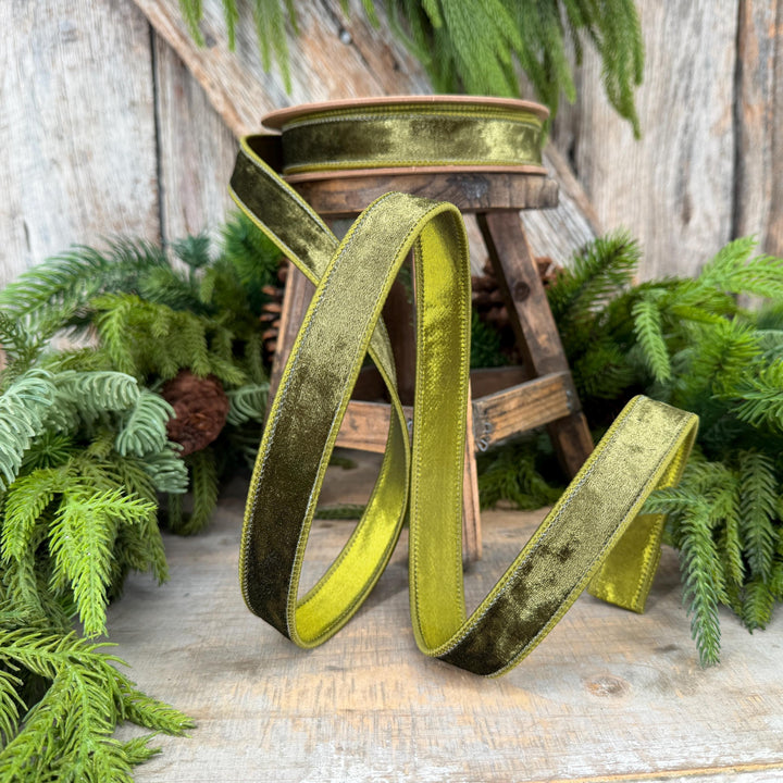 1" Moss Green Velvet Ribbon, Wired RIbbon