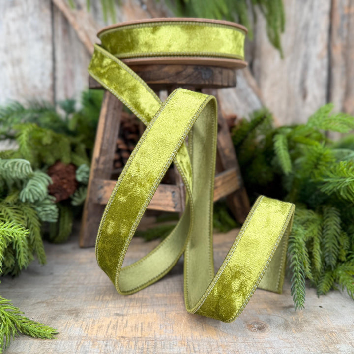1" Lime Green Velvet Ribbon, Wired RIbbon, Christmas RIbbon, Designer Ribbon, Ribbon for Christmas Tree