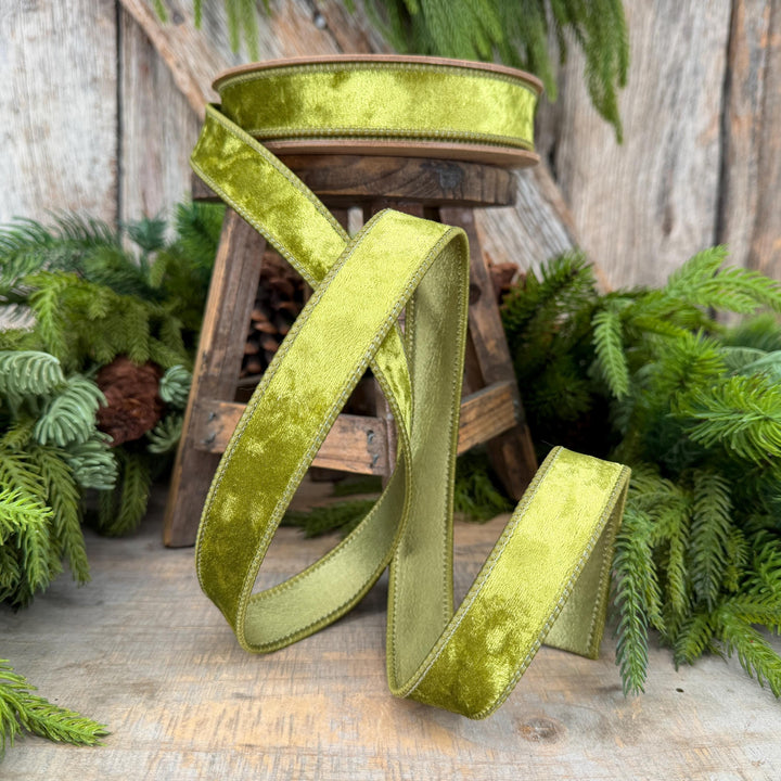 1" Lime Green Velvet Ribbon, Wired RIbbon, Christmas RIbbon, Designer Ribbon, Ribbon for Christmas Tree