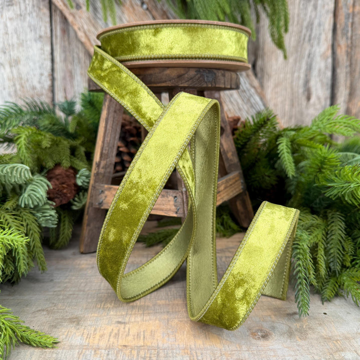 1" Lime Green Velvet Ribbon, Wired RIbbon, Christmas RIbbon, Designer Ribbon, Ribbon for Christmas Tree