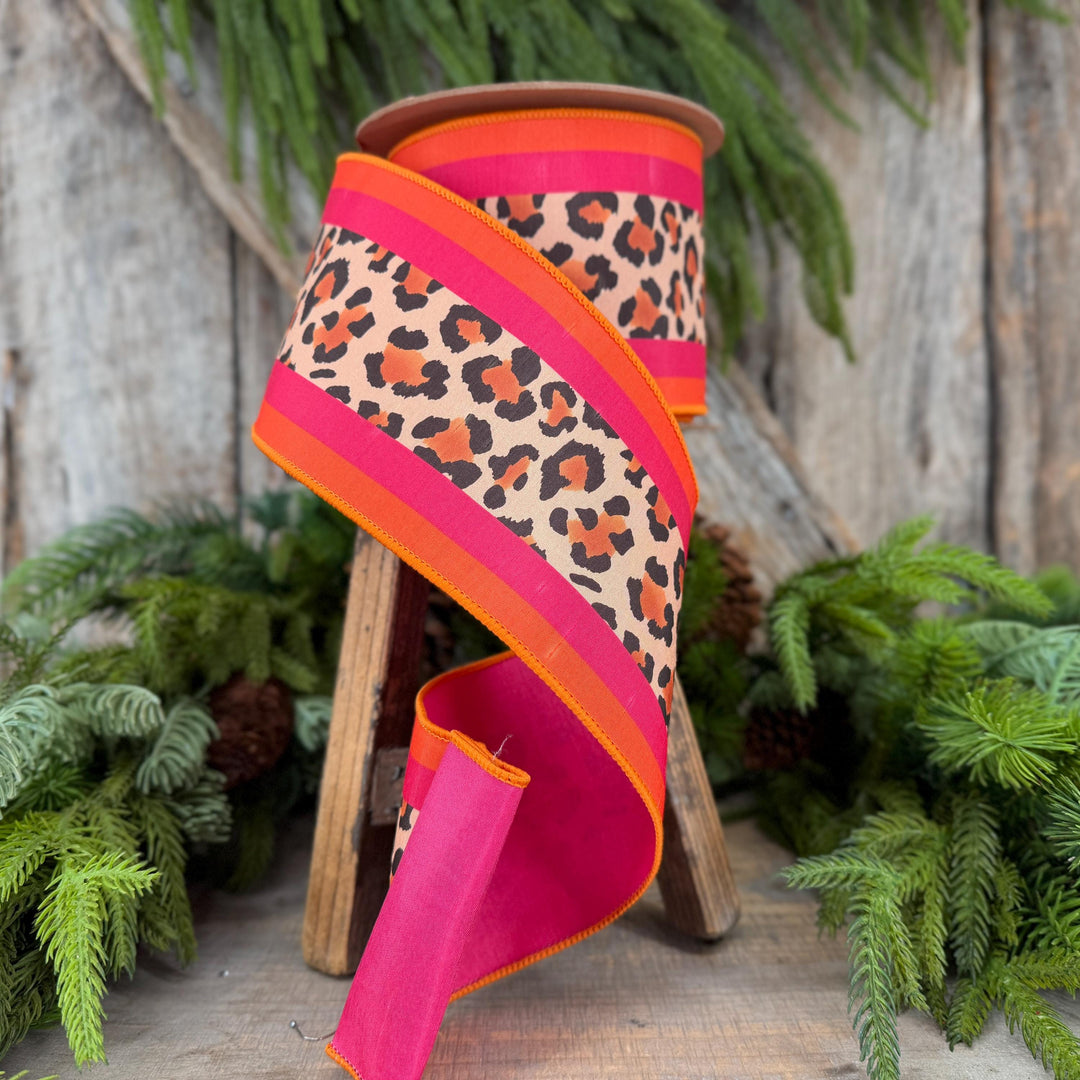 4 Inch Leopard Print Wired Ribbon, Pink Orange Stripe Dupioni