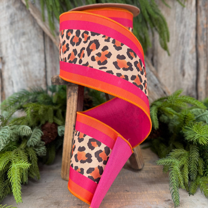 4 Inch Leopard Print Wired Ribbon, Pink Orange Stripe Dupioni, 10 Yard Roll
