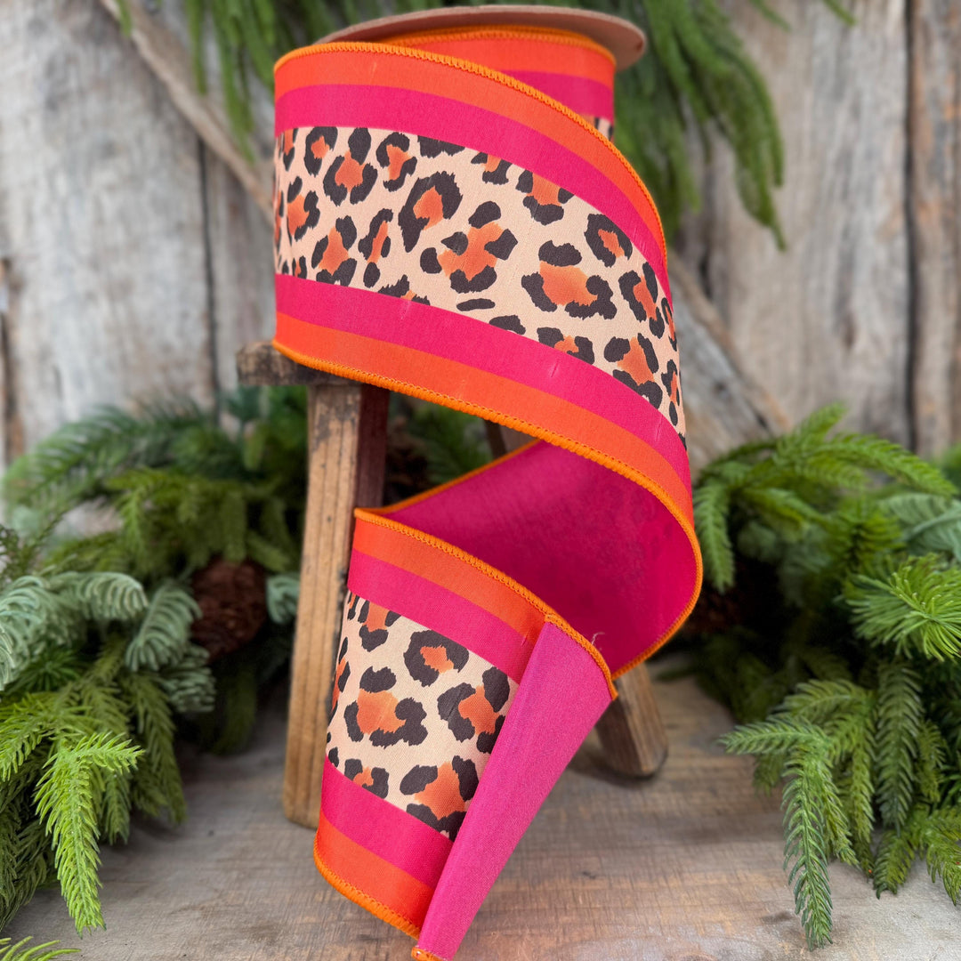 4 Inch Leopard Print Wired Ribbon, Pink Orange Stripe Dupioni, 10 Yard Roll