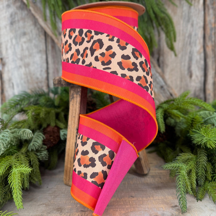 4 Inch Leopard Print Wired Ribbon, Pink Orange Stripe Dupioni, 10 Yard Roll