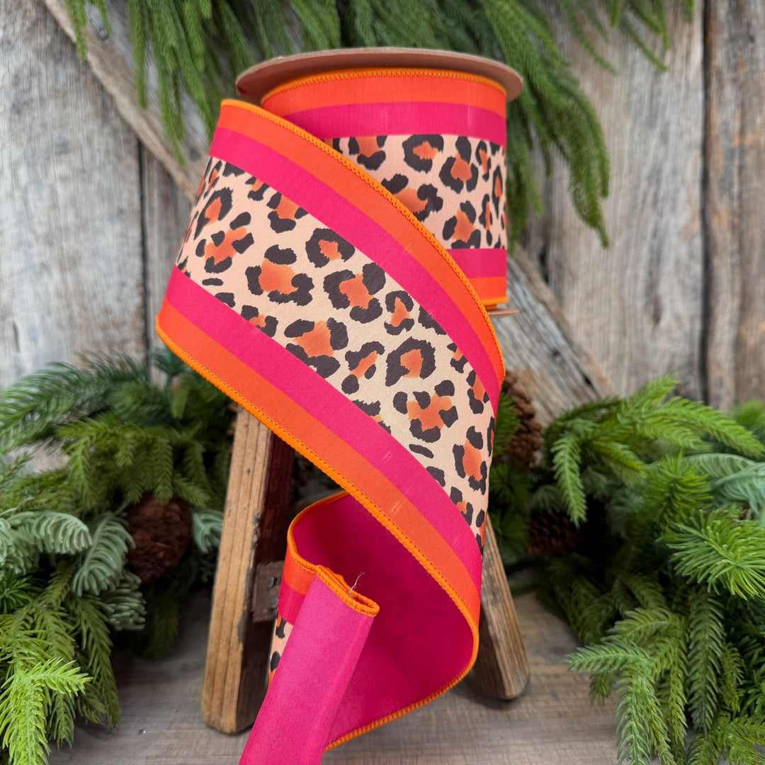 4 Inch Leopard Print Wired Ribbon, Pink Orange Stripe Dupioni, 10 Yard Roll