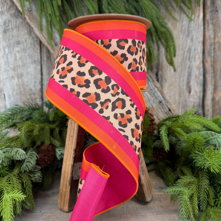 4 Inch Leopard Print Wired Ribbon, Pink Orange Stripe Dupioni, 10 Yard Roll
