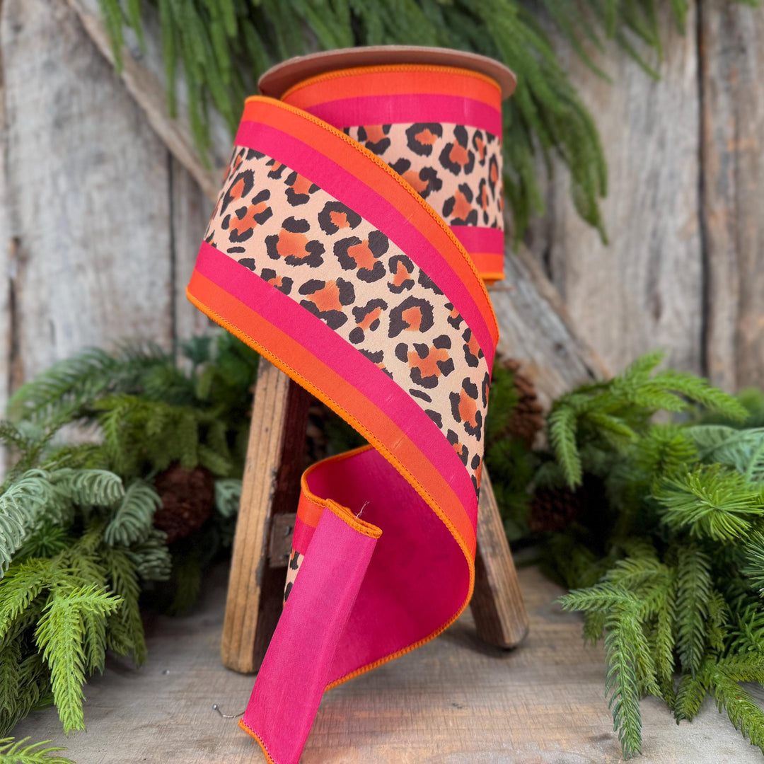 4 Inch Leopard Print Wired Ribbon, Pink Orange Stripe Dupioni, 10 Yard Roll
