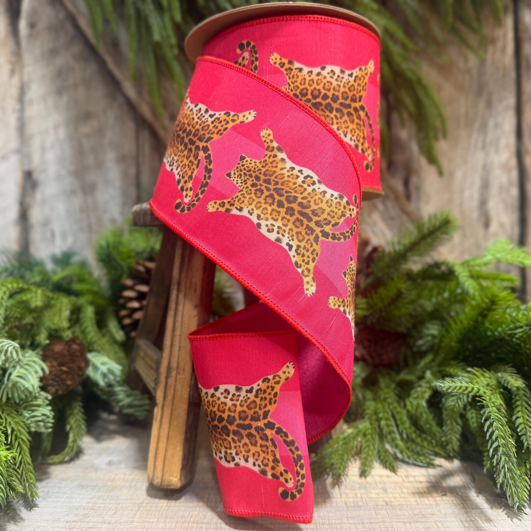 4" Tiger Rug Ribbon, Animal skin ribbon, Pink and Red