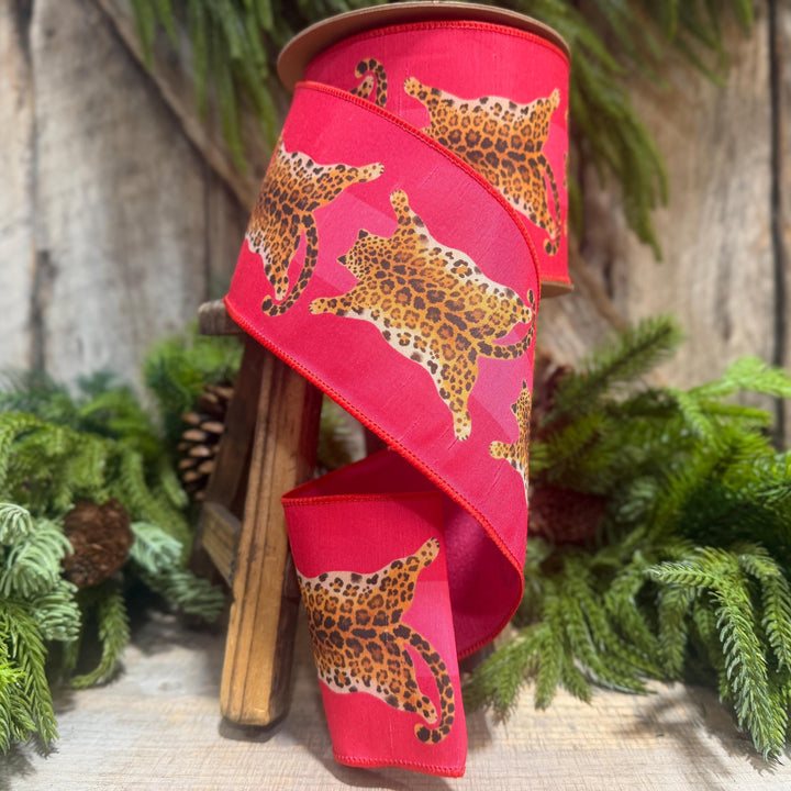 4" Tiger Rug Ribbon, Animal skin ribbon, Pink and Red