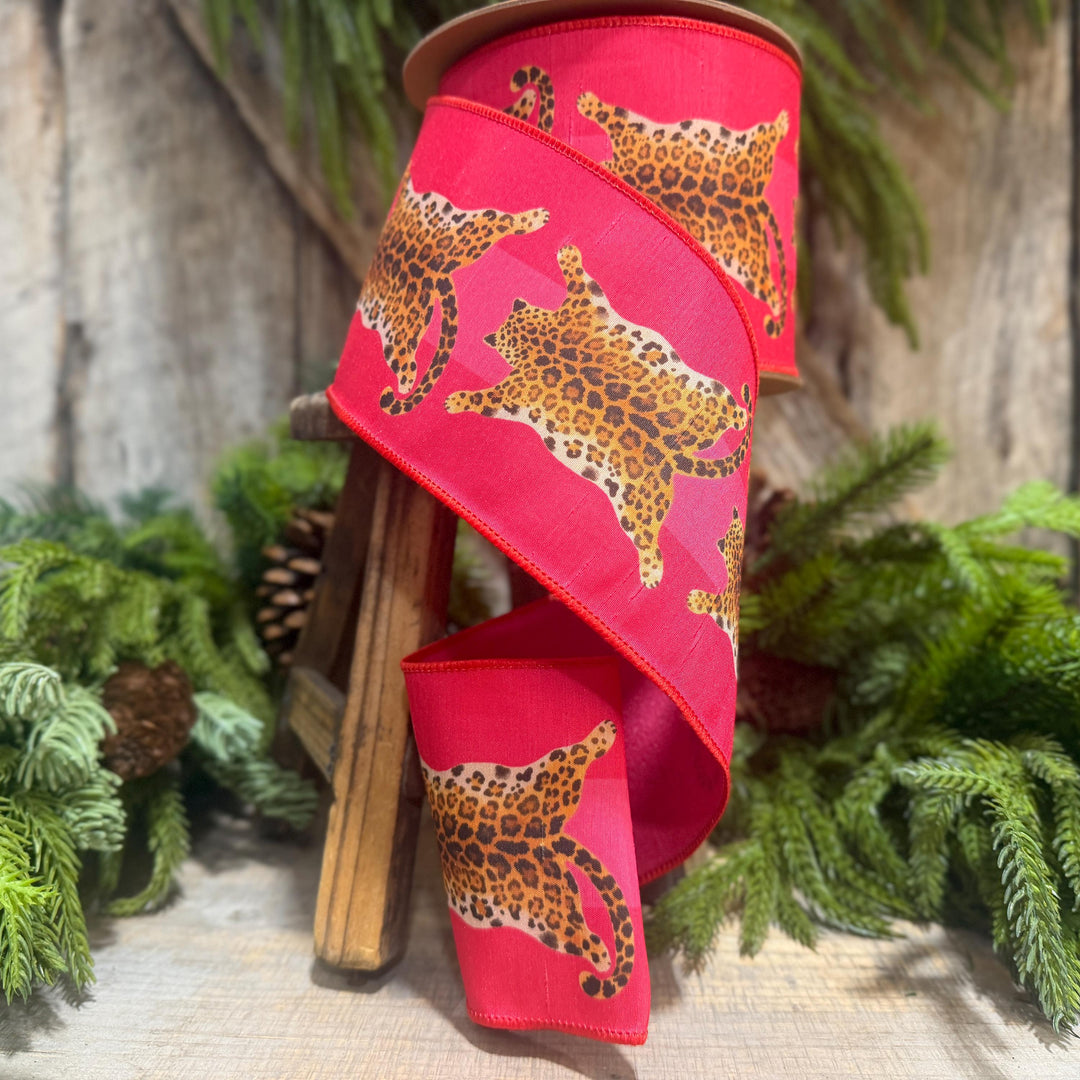 4" Tiger Rug Ribbon, Animal skin ribbon, Pink and Red