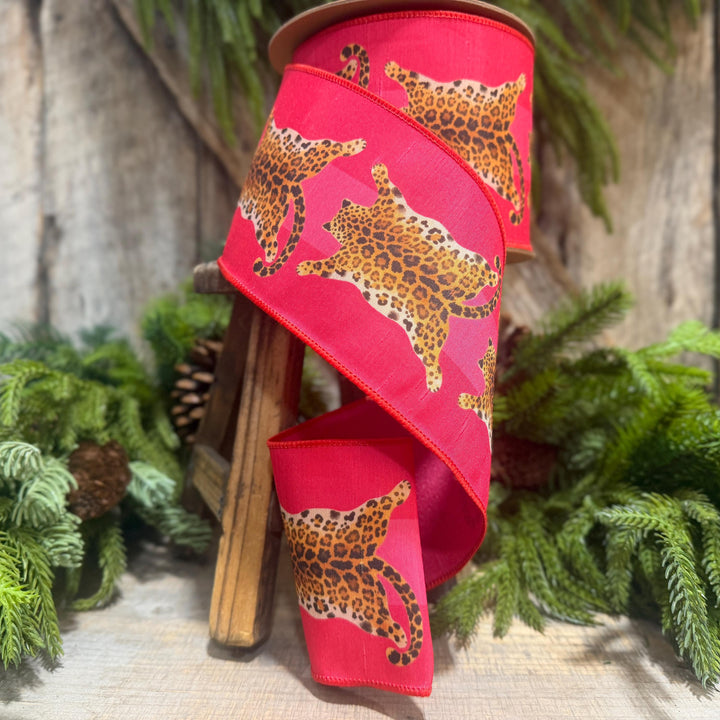 4" Tiger Rug Ribbon, Animal skin ribbon, Pink and Red