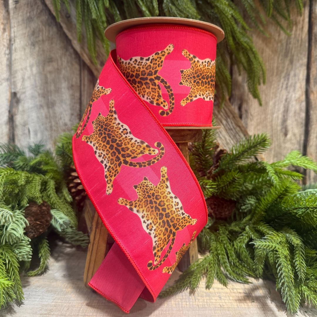 4" Tiger Rug Ribbon, Animal skin ribbon, Pink and Red