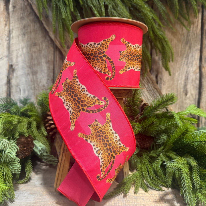 4" Tiger Rug Ribbon, Animal skin ribbon, Pink and Red