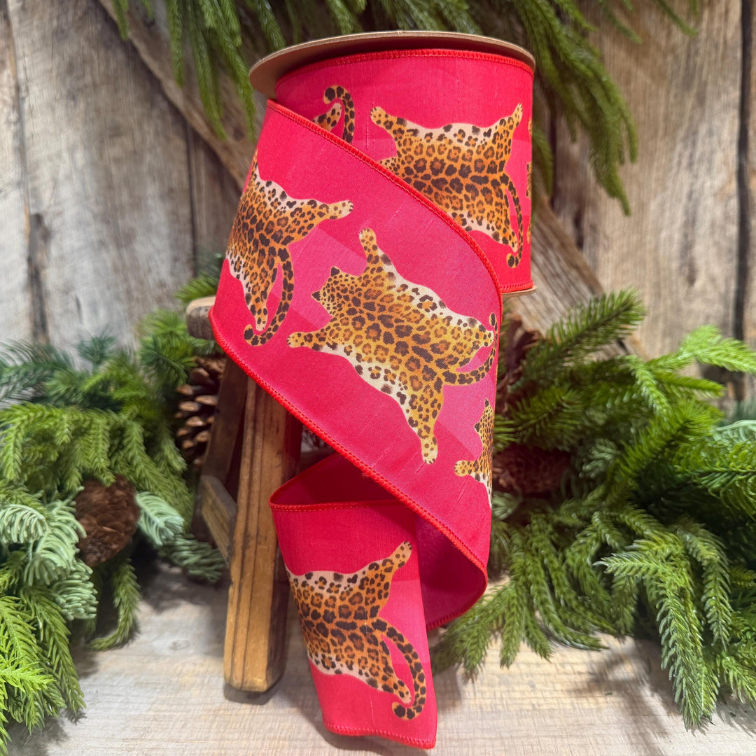 4" Tiger Rug Ribbon, Animal skin ribbon, Pink and Red